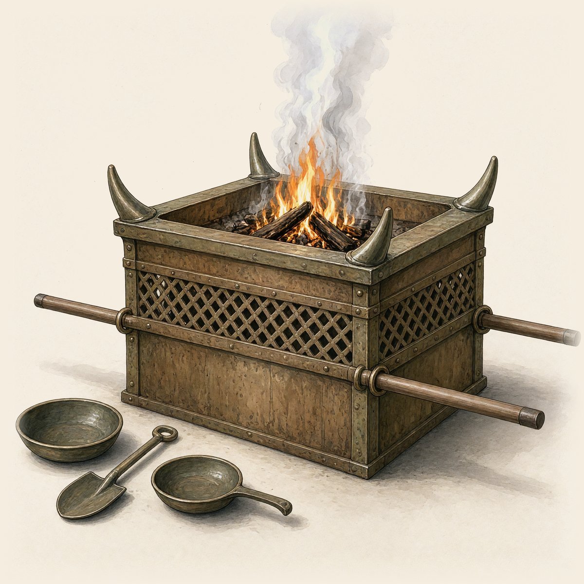 The bronze altar: a square box with a horn at each corner, a bronze network round its middle, carrying poles through rings, a wood fire burning on top and smoke rising, a shovel, basin and firepan beside it.