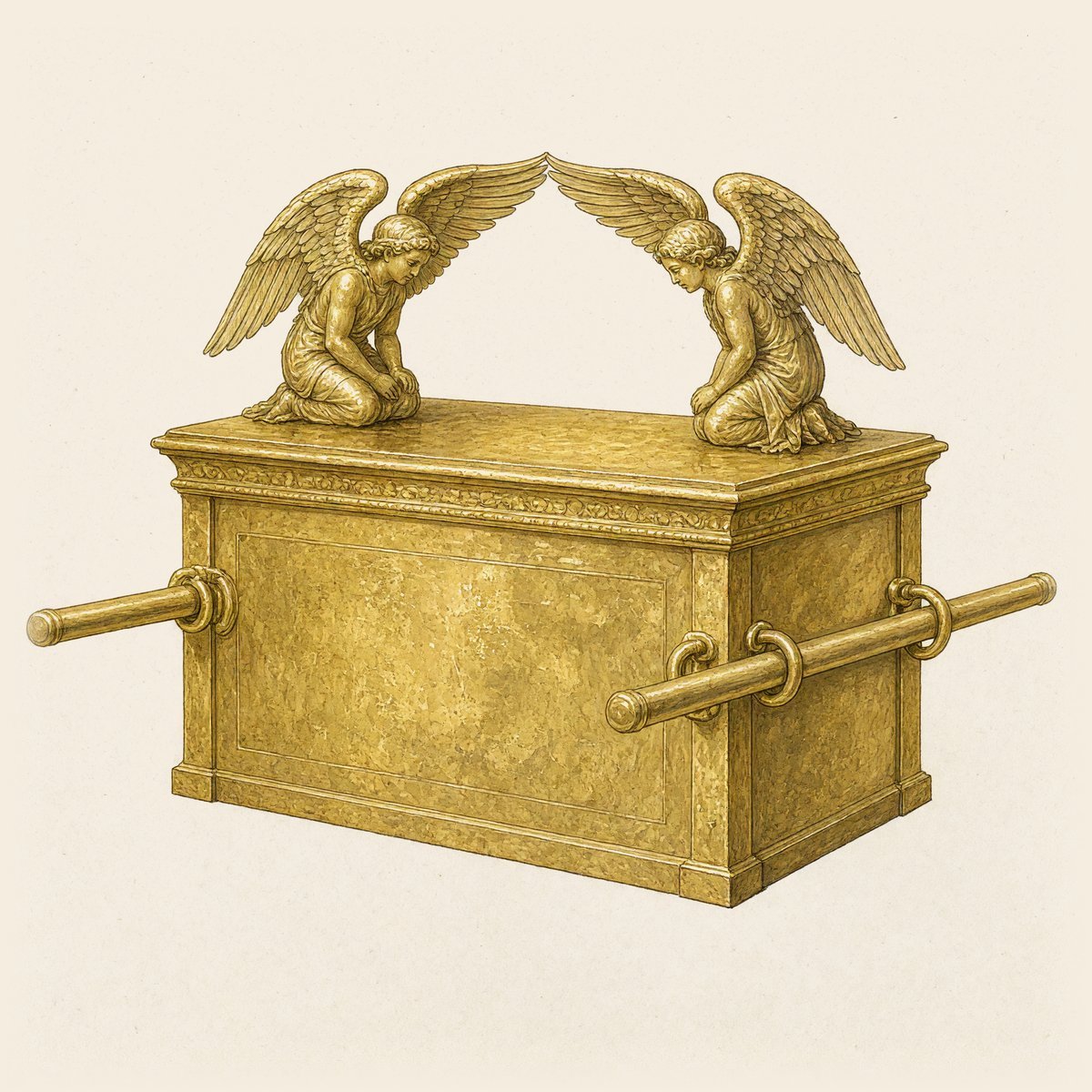 The ark of the covenant: a gold chest with carrying poles through rings, a gold lid, and two kneeling gold cherubim at its ends facing each other, their wings meeting over the lid.
