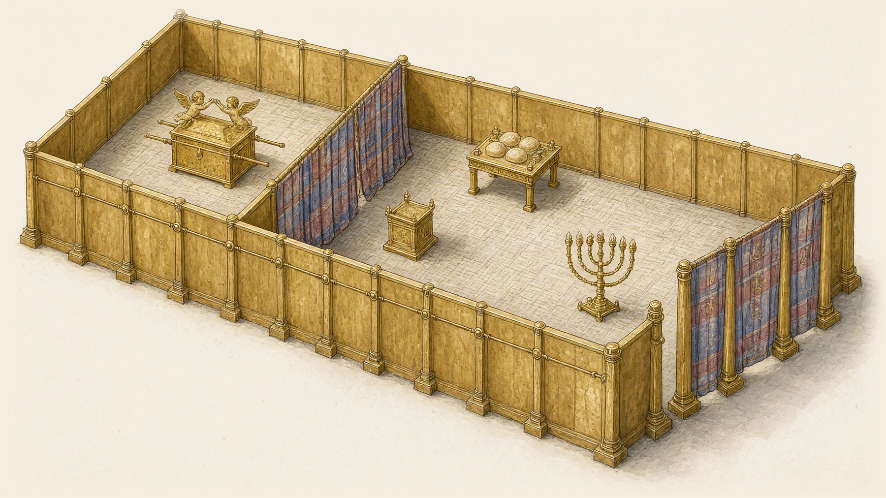 The tent with its roof taken off, entrance on the right: the first room with the lampstand, the table of bread and the incense altar, then a curtain, then the inner room with the ark.