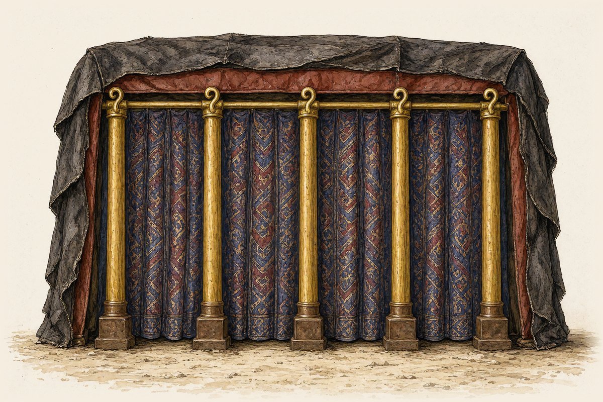 The door of the tent: five gold-covered pillars in bronze sockets, and a closed hanging of blue, purple and scarlet, with dark skins laid over the tent above.