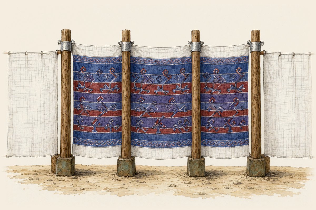 The gate: a wide hanging worked in blue, purple and scarlet, hung on four pillars with silver bands and bronze sockets.