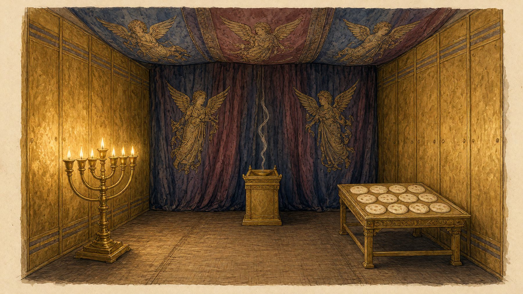 Inside the Holy Place looking west: gold walls, a ceiling of blue, purple and scarlet with cherubim, the lit lampstand on the left, the table of bread on the right, and the small incense altar in front of the veil.