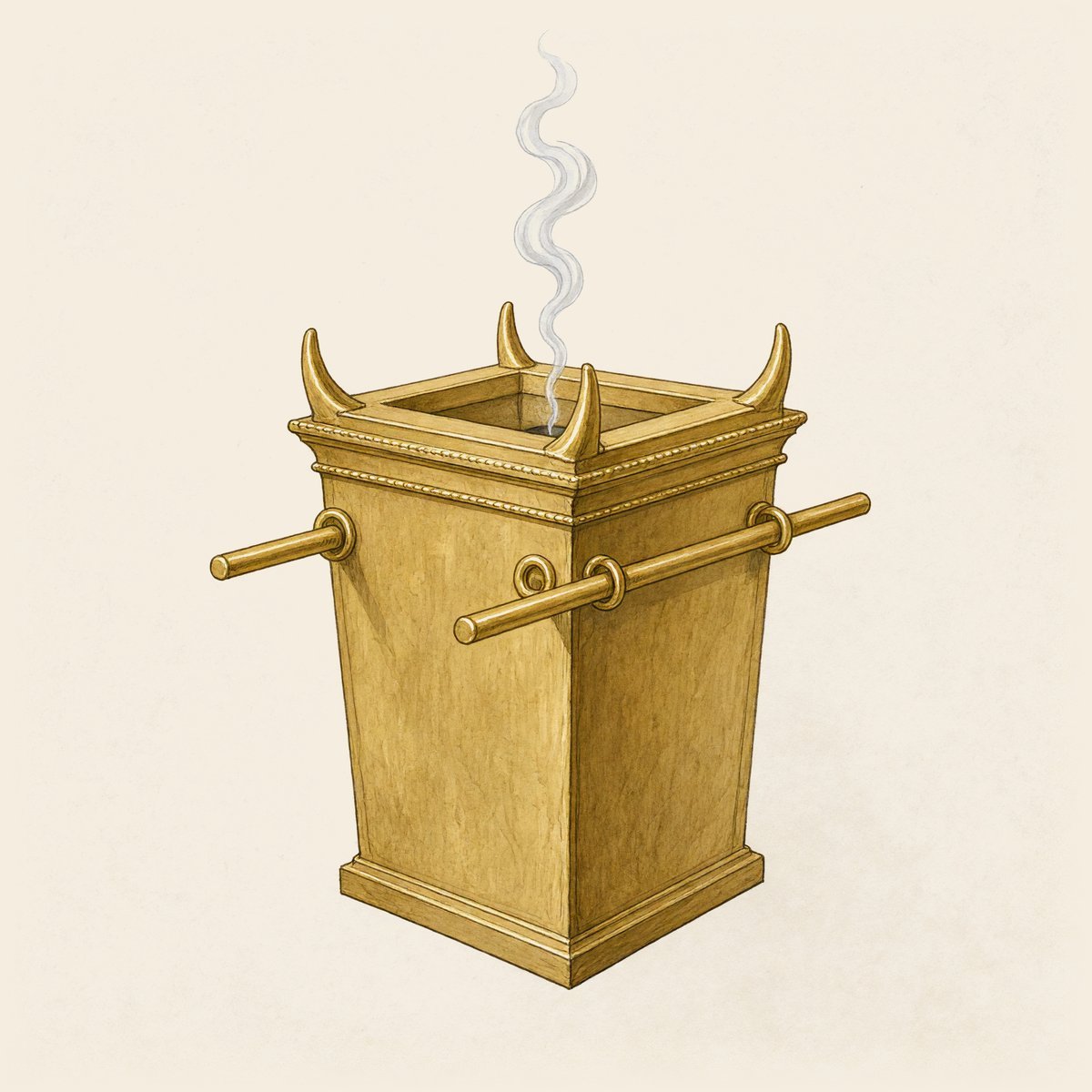 The altar of incense: a small square gold altar, taller than it is wide, with a horn at each corner, a crown round the top, carrying poles, and a thread of smoke rising.