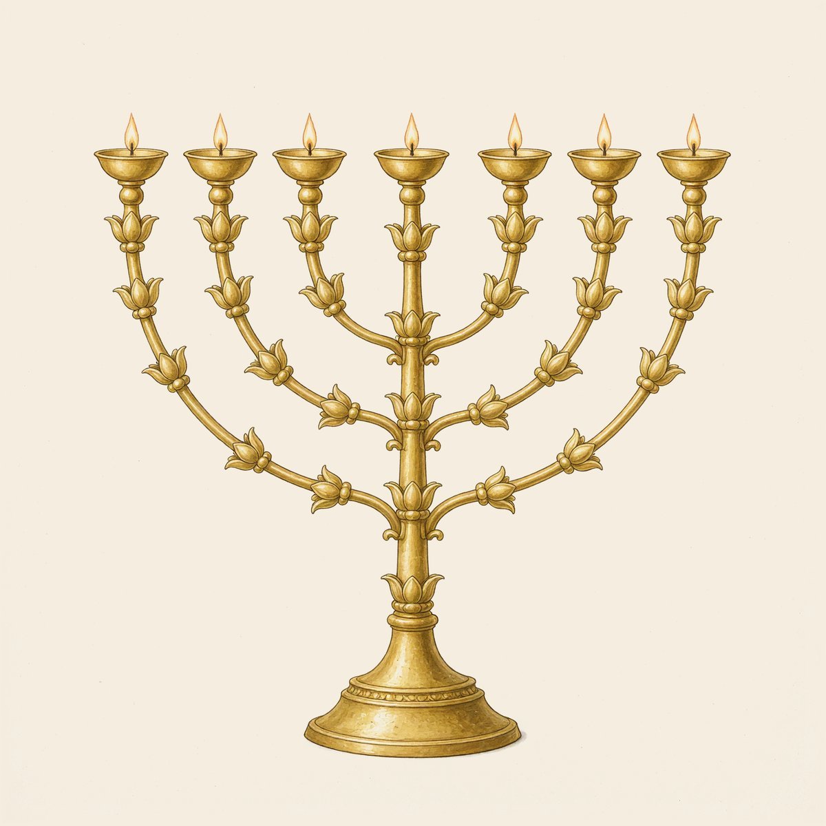 The golden lampstand: a central shaft with three branches on each side, seven burning lamps, cups shaped like almond blossoms.