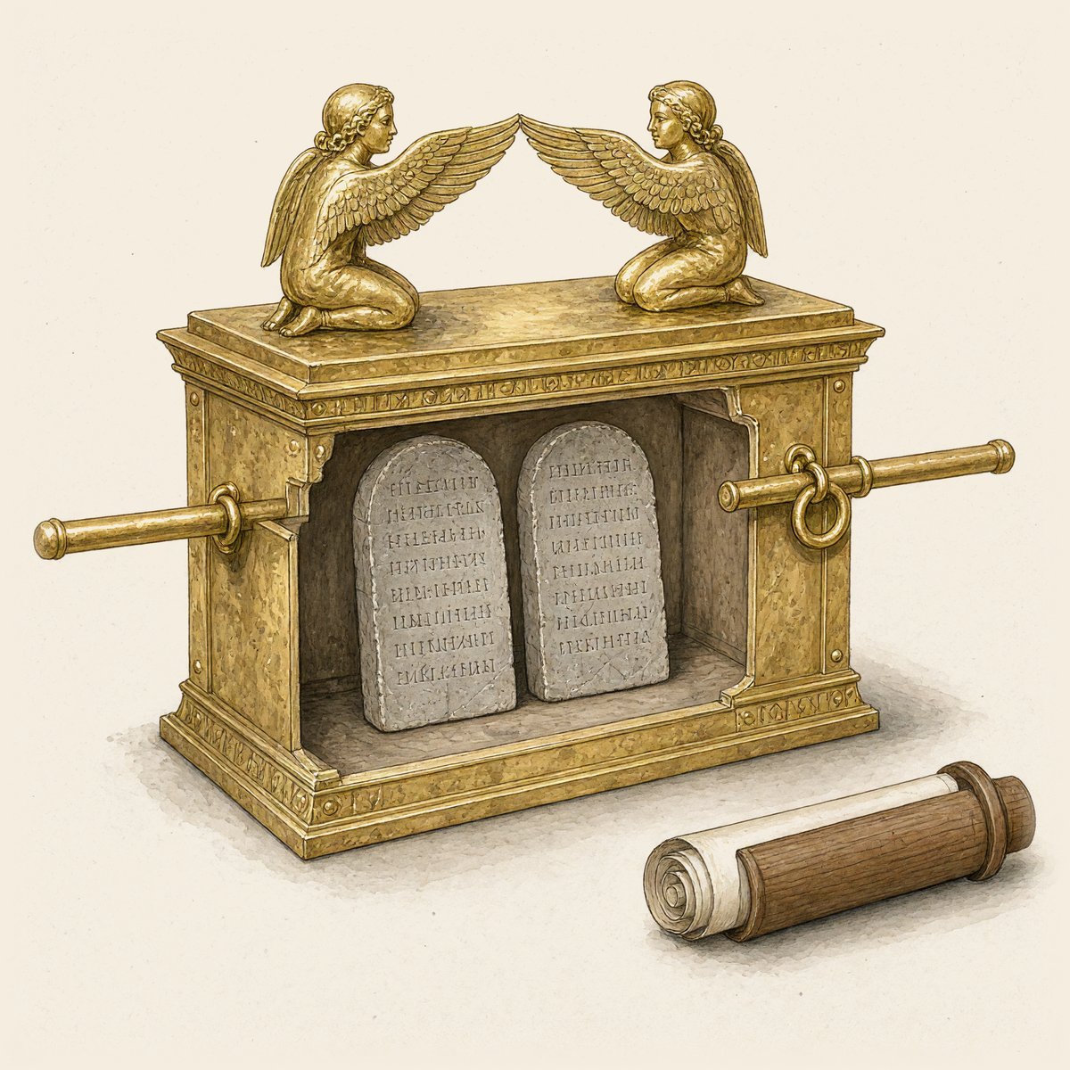 The ark drawn cut away: two tables of stone lie inside it, under the gold lid and the two cherubim, and a scroll of the law lies on the ground beside it.