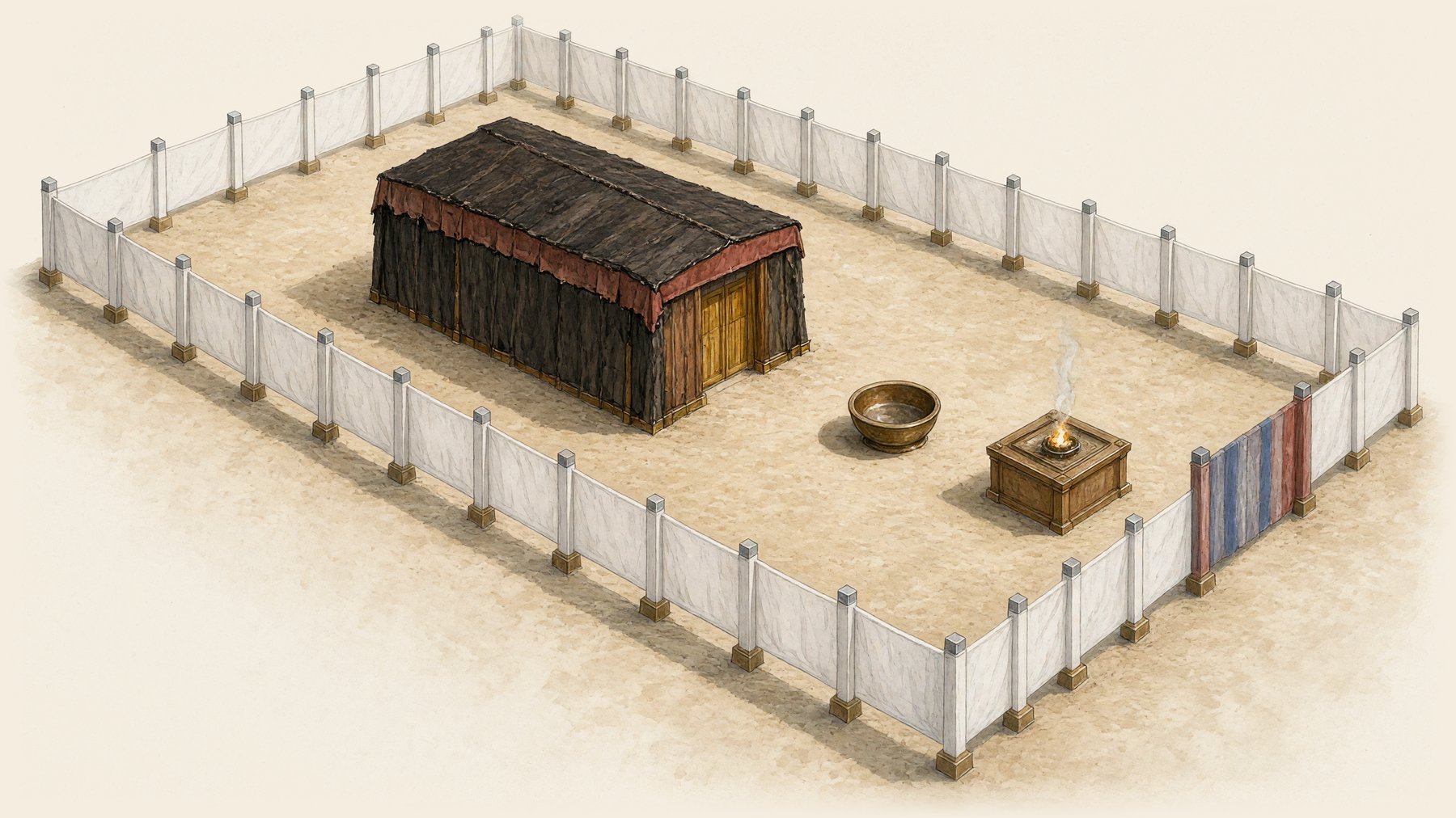 The courtyard from above: a long rectangle of white linen fencing with the coloured gate on the right, then the bronze altar, the laver, and the tall dark tent standing inside the fence at the far end.