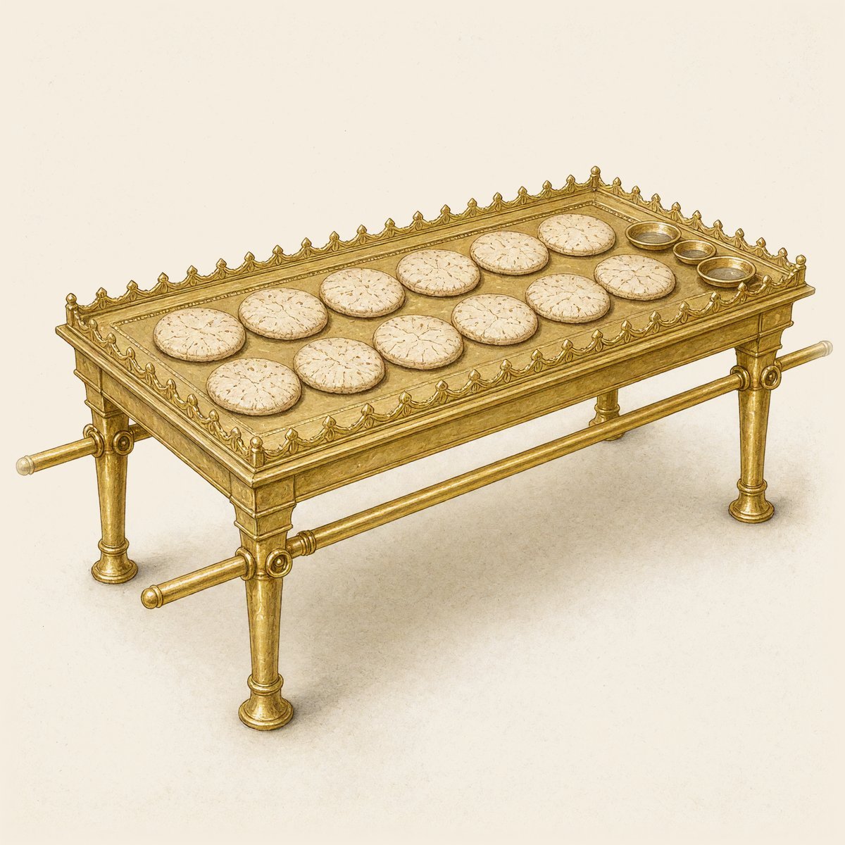 The table of shewbread: a gold table with a crown round its edge, twelve loaves in two rows of six, small gold dishes, and carrying poles through rings.