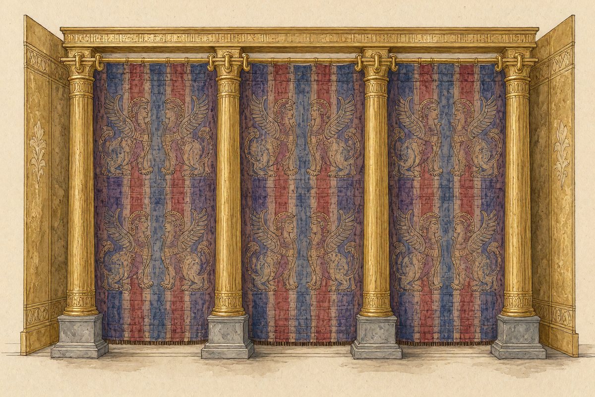 The veil: a closed curtain of blue, purple and scarlet woven with cherubim, hung on four gold pillars standing in silver sockets.