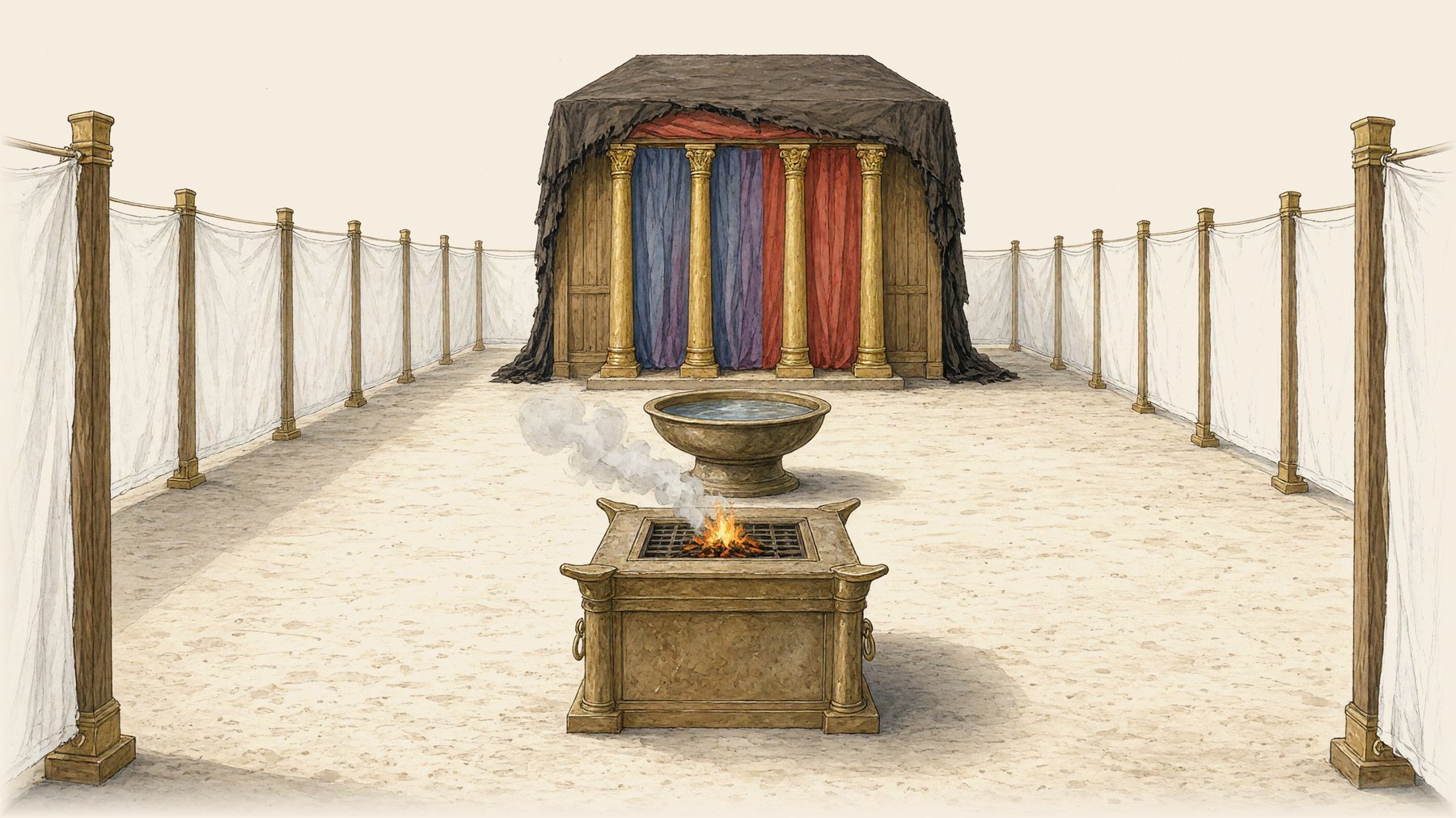 Standing inside the gate looking west: the bronze altar first, the laver behind it, and the tall tent at the far end with its door hung in blue, purple and scarlet.